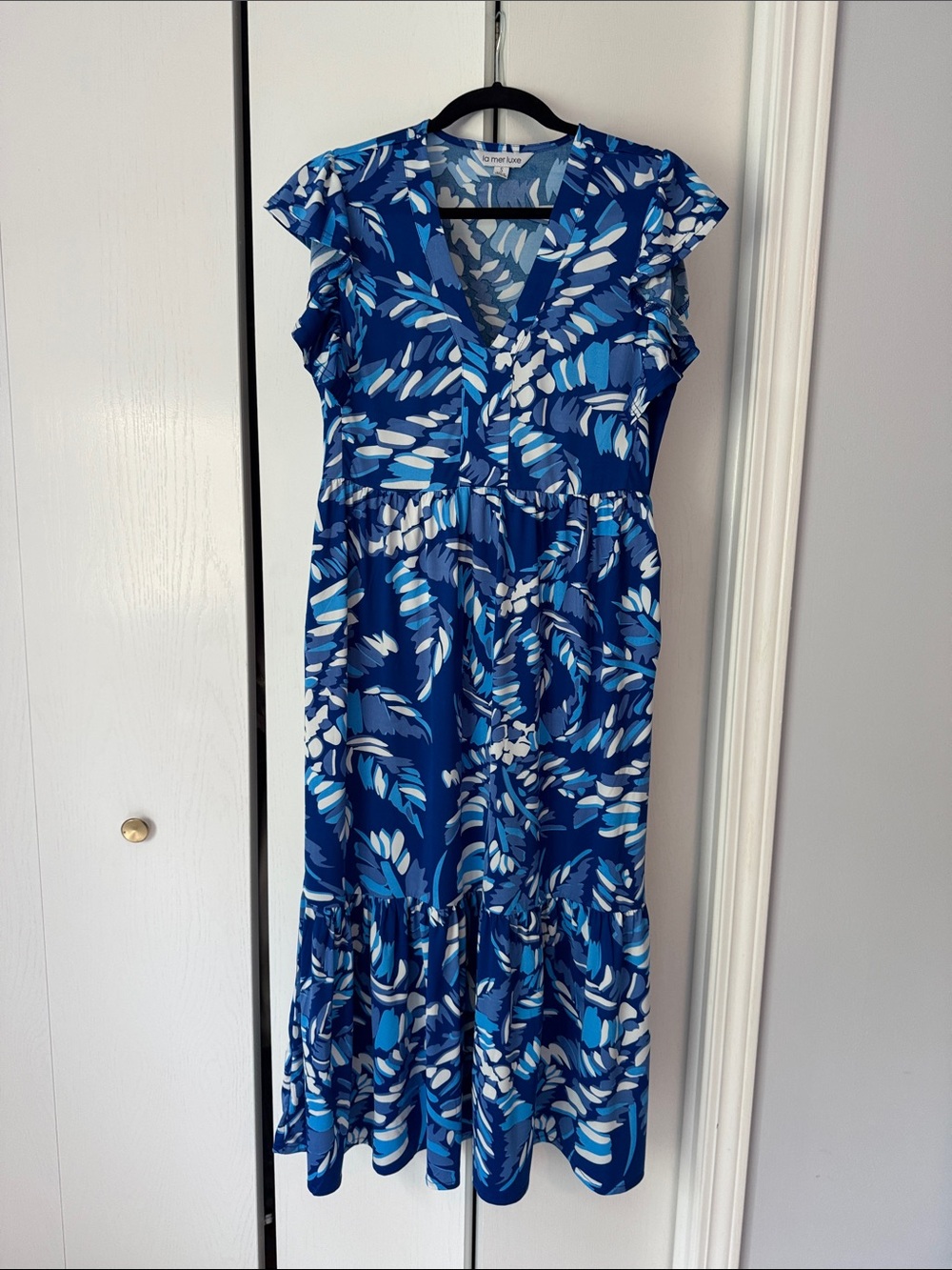 La Mer Blue Printed Maxi Dress with Flutter Sleeves & Pockets